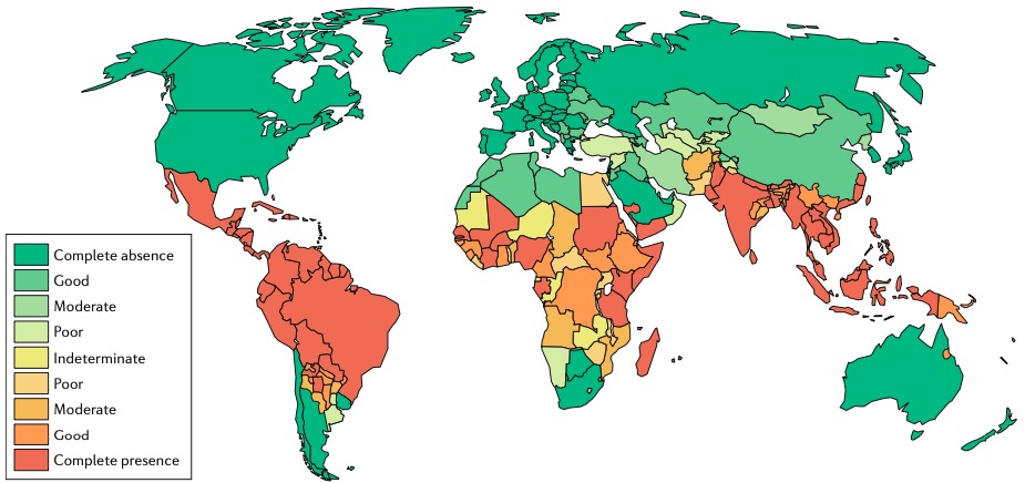 Riesgo de contrar dengue en el mundo. Fuente: Nature Reviews Microbiology 16, 508–518 (2018)