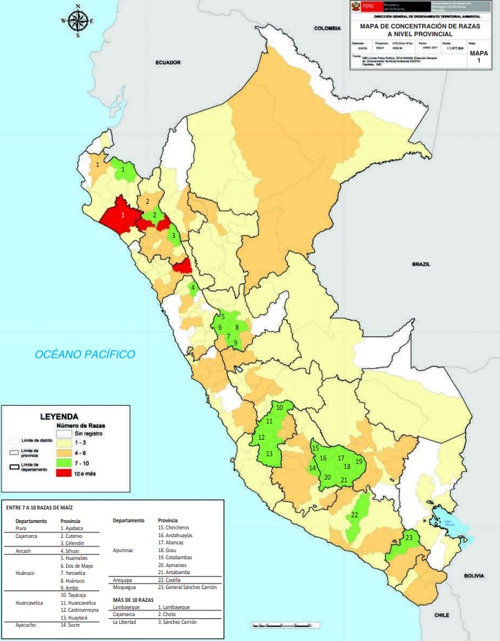 Mapa de distribución de razas de maíz a nivel provincial. Fuente: MINAM.