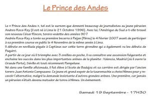 EL PRÍNCIPE DE LOS ANDES. Así presenta el programa de la Feria de la Vendimia de Nimes a Andrés Roca Rey, haciendo un parangón entre él y César Rincón. 