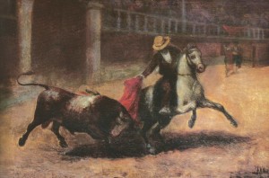 ÓLEO DE JESÚS DE ASÍN, MUSEO TAURINO DE ACHO SUERTE NACIONAL. Uno de los hermanos Asín capeando a caballo en Acho, aporte peruano a la tauromaquia universal.