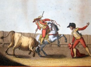 Grabado de Antonio Carnicero (1748-1814) en el que se aprecia perfectamente la indumentaria de los toreros en aquella época; más parecido el de Esplá en Arles que los que suelen utilizar otros diestros como "goyescos".