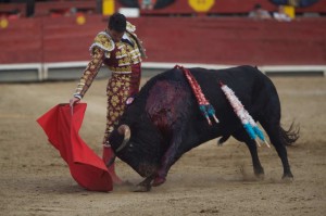 FOTO: JUAN PONCE / ARCHIVO EL COMERCIO Manzanares, en un derechazo a un toro de Hermanos García Jiménez al que citó estando cruzado; nótese que el ojo de afuera del toro, el izquierdo, es el que está fijo en la muleta.