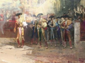 ÓLEO DE DIEGO RAMOS Manolete, Dominguín y Gitanillo (de izq. a der.) antes del paseíllo en Linares, recreada al óleo por el pintor colombiano Diego Ramos, a partir de la foto de Paco Cano.