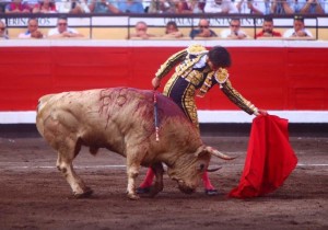 FOTO: CULTORO Roca Rey toreando al natural al tercer toro del lunes 21, en Bilbao.