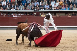 FOTOS: LUIS SÁNCHEZ OLMEDO, CULTORO El viernes 18, en Madrid, Andrés Roca Rey cuajó magníficos naturales, de mano muy baja, obligando mucho a su primer toro.