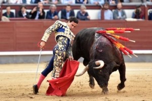 FOTO: LUIS SÁNCHEZ OLMEDO - CULTORO El inicio de faena de Joaquín Galdós en Madrid, el jueves 31, fue prometedor, pero el toro no tuvo ni las hechuras ni la raza necesarias.