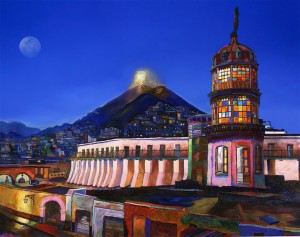 Acho y el Mirador de Ingunza en primer plano, en una obra pictórica de José Álvarez Blas.