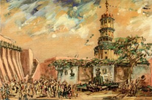 La Plaza de Acho con el Mirador de Ingunza al fondo, en una acuarela de Humberto Parra.