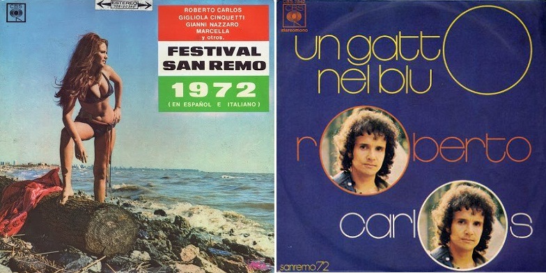 LP del Festival de San Remo 1972 (izq.) y disco sencillo de "Un gatto nel blu" (der.)