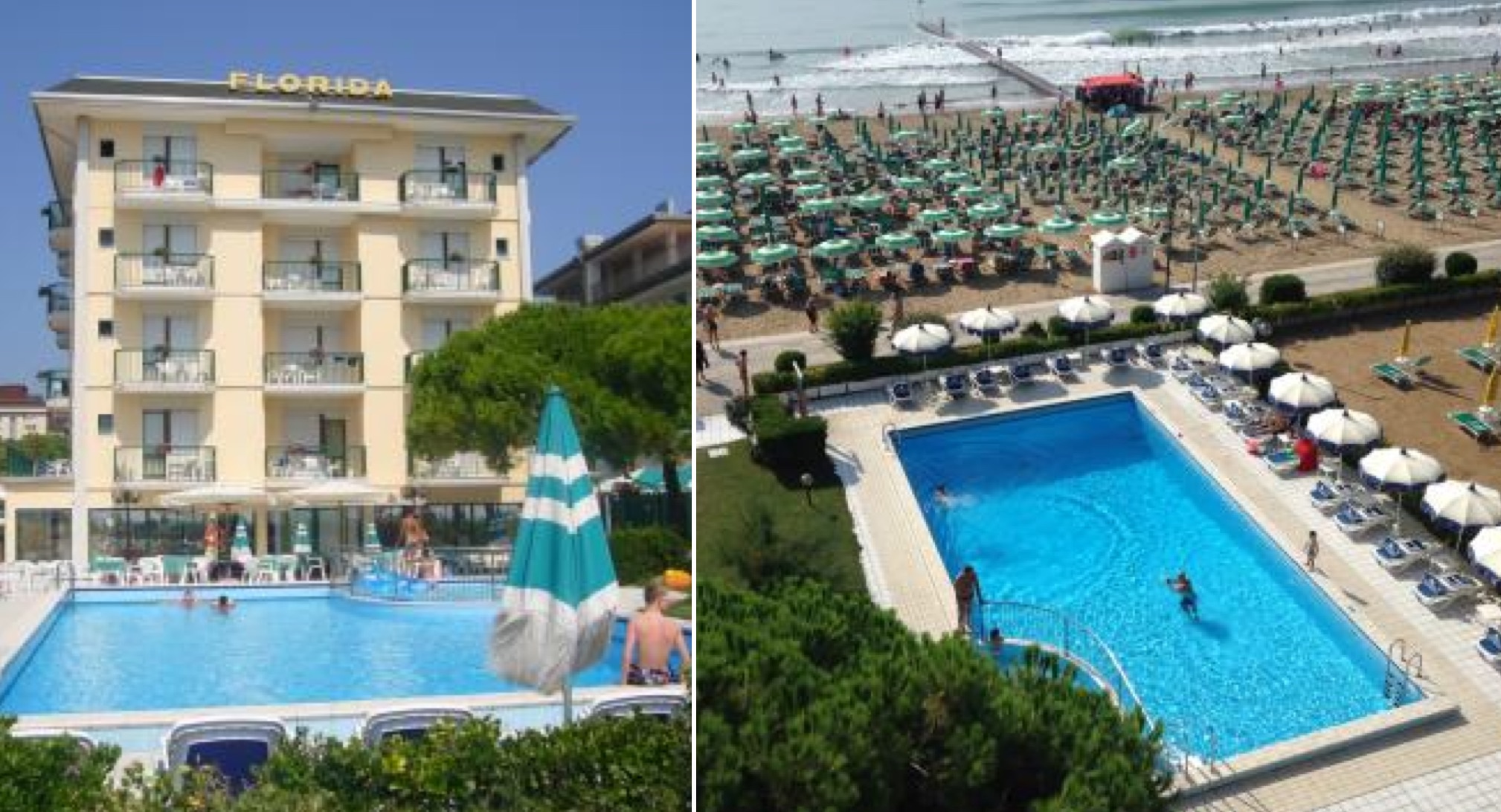 Izq: El Hotel Florida hoy. Der: La piscina queda muy cerca del mar. (Fotos: hotelfloridajesolo.it)