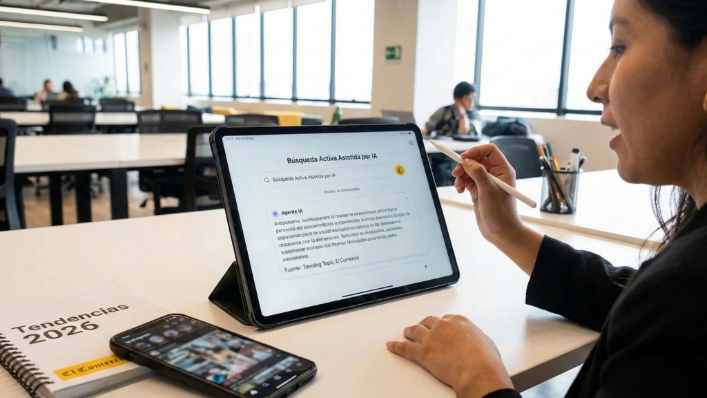 Fotografía de una profesional en una redacción moderna interactuando con una tablet que muestra resultados de una 'Búsqueda Activa Asistida por IA'. En pantalla se cita como fuente a 'Trending Topic, El Comercio'. En primer plano, un smartphone y un cuaderno de notas titulado 'Tendencias 2026' con la línea gráfica de El Comercio.