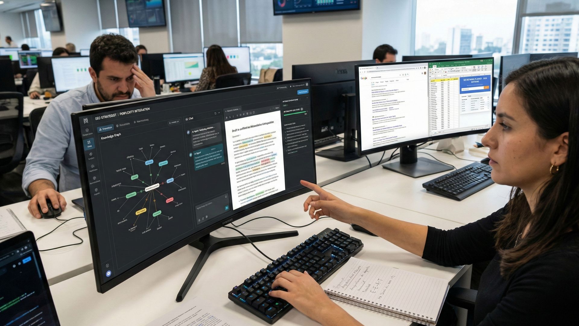 Fotografía profesional de estilo editorial que muestra una tablet en un escritorio moderno. En la pantalla se lee el titular: 'Del SEO al GEO: así se posiciona el contenido en 2026', un artículo de estrategia corporativa por María Fernanda Castro. La imagen sigue la línea gráfica de El Comercio del Perú y representa la evolución de la redacción periodística hacia la era de la Inteligencia Artificial.